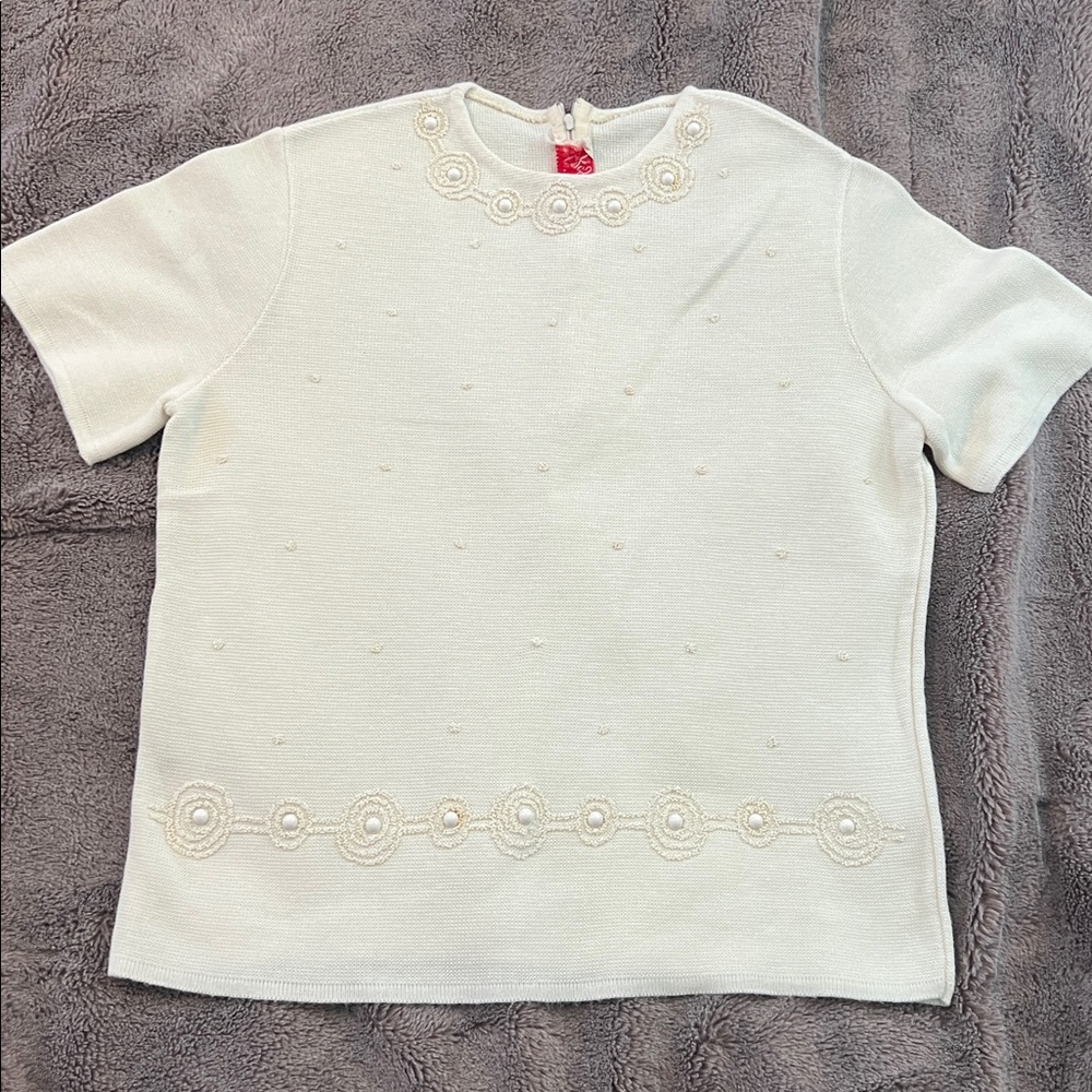 Vintage Fine Knits By Rogers design Pink cream sweater size Medium beaded
